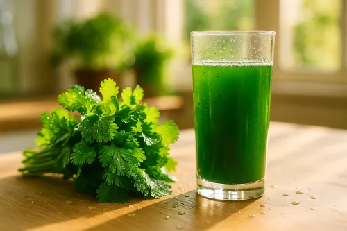 Fresh cilantro and a bright green chlorella drink — renewal and cleansing