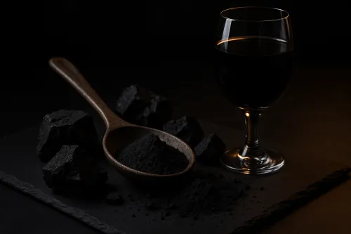 Glossy activated charcoal chunks and powder with a glass of charcoal water