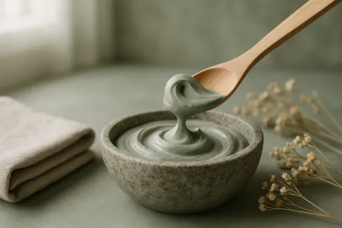 Smooth grey-green bentonite clay in a stone bowl with botanicals in soft window light