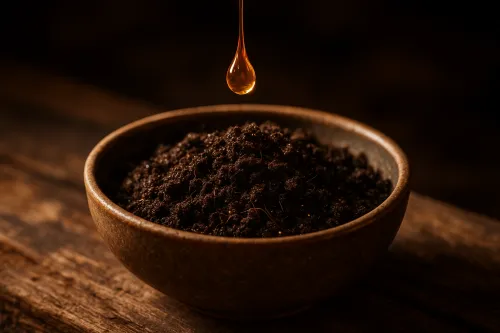 Rich living soil with a golden drop of fulvic liquid — medicine born from the earth