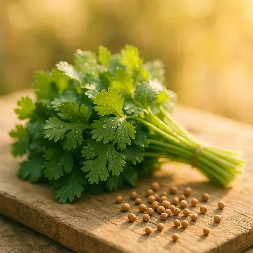 Fresh cilantro (Coriandrum sativum) with dew on a rustic wooden board